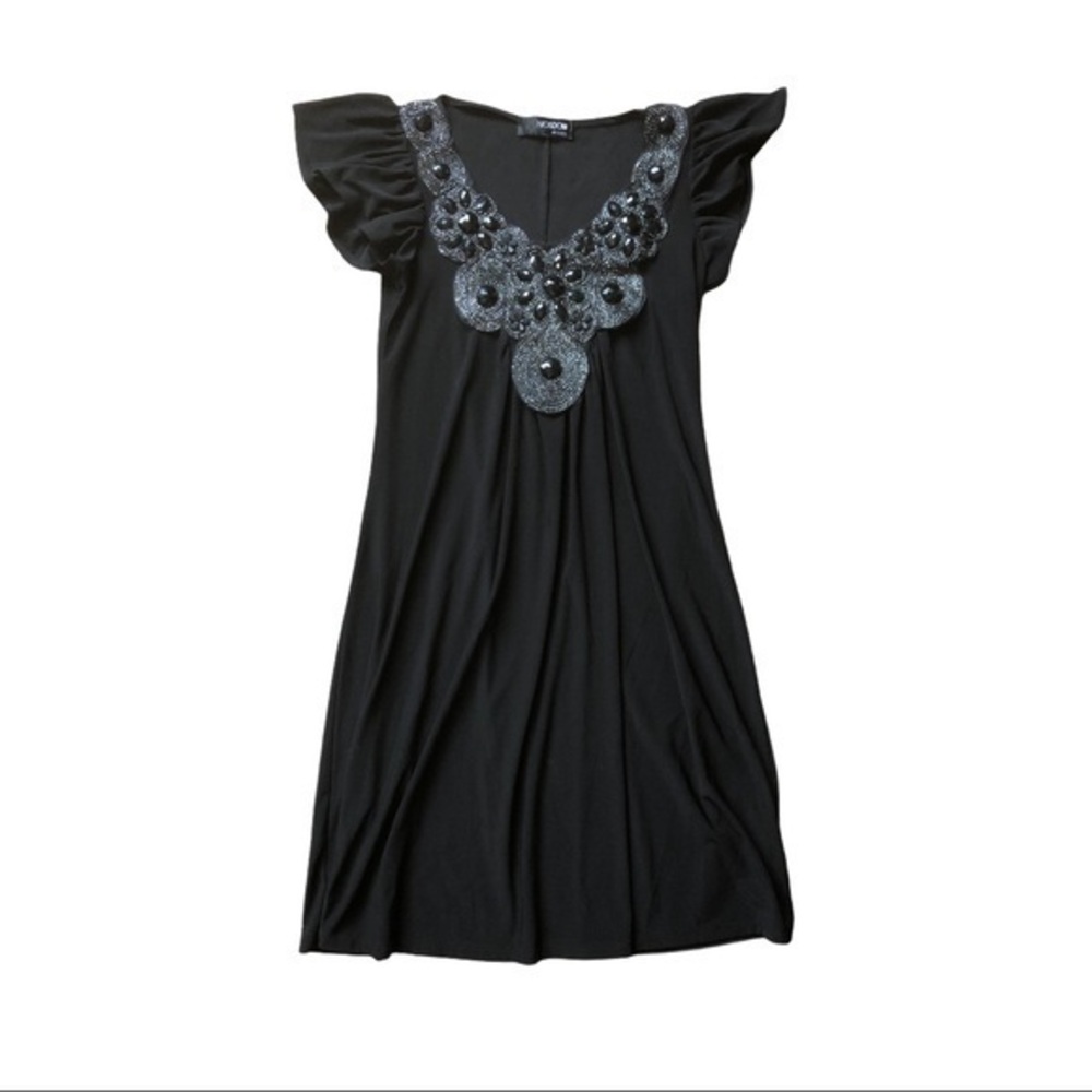 Embellished Black Mini Dress with Flutter Sleeves